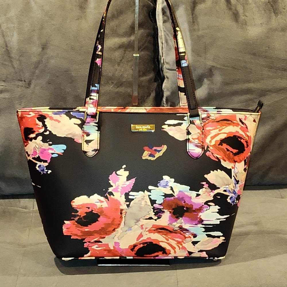 KATE SPADE NEW YORK SMALL TALLY BLURRY FLORAL LAUREL WAY BLACK TOTE - Picture 7 of 15